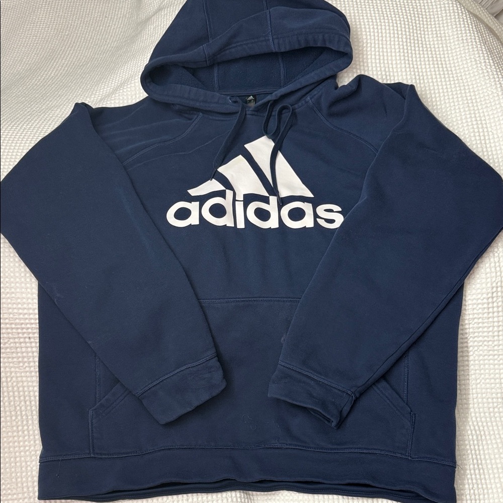 Adidas Men's Dark Blue Hoodie with White Logo -Large